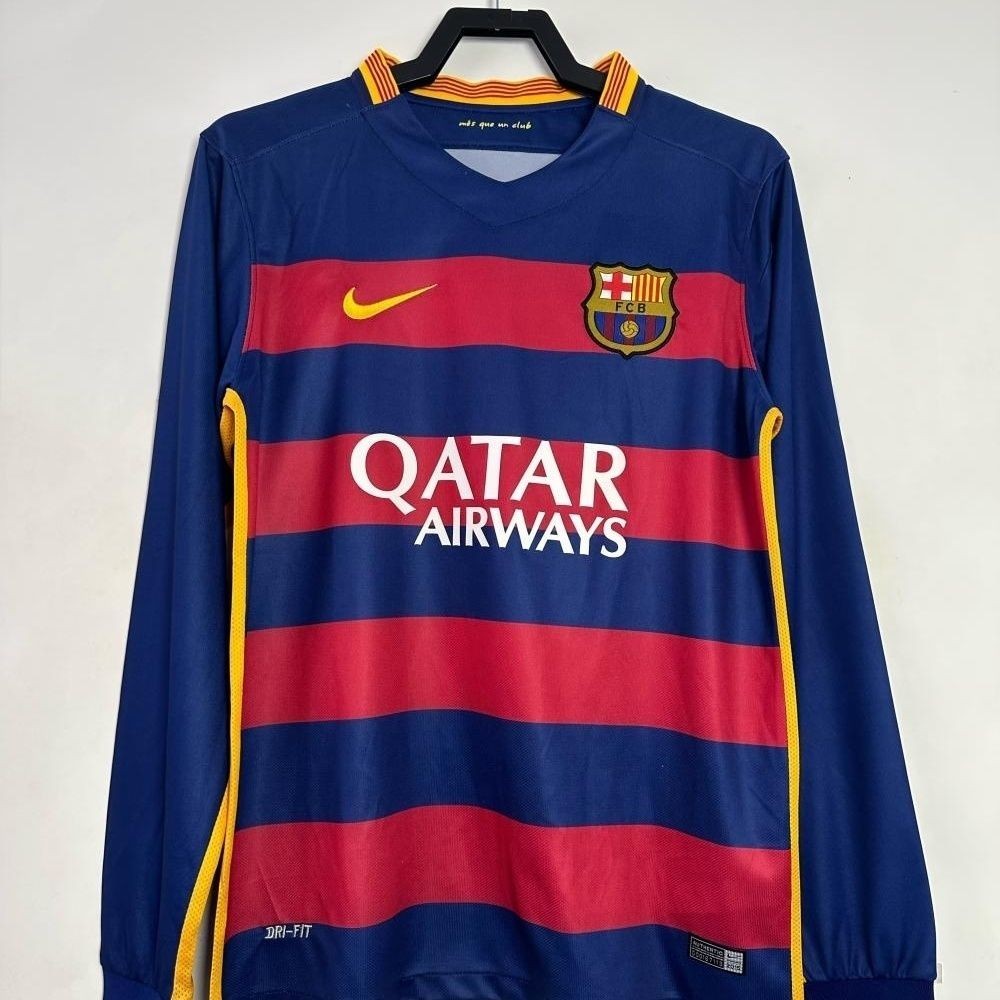 Jersey Sepak Bola Lengan Panjang Merah dan Biru Dewasa Retro 2015-16 Barcelona T shirt pria