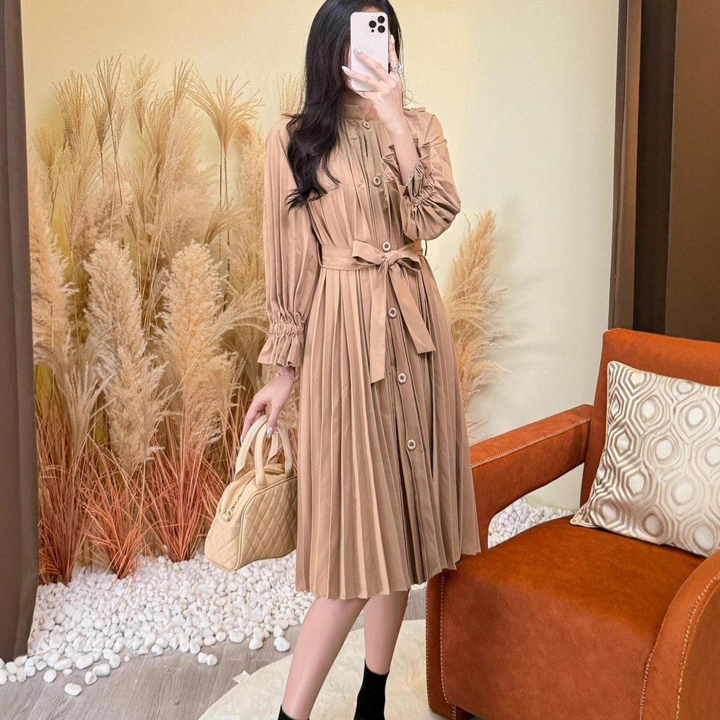 202511zz Dress kardigan longgar lengan panjang, Gaun elegan modis