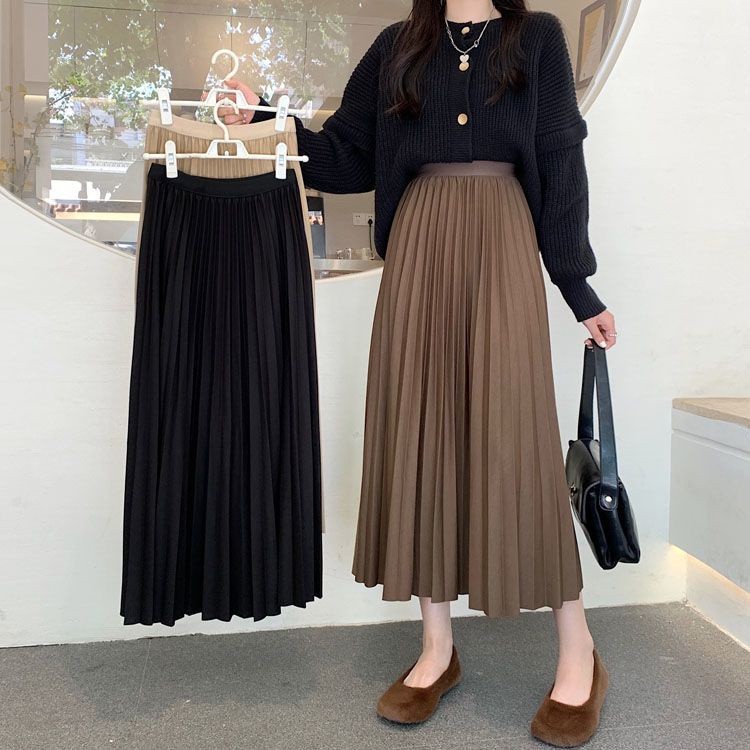 Rok Setengah Panjang Hitam untuk Wanita di Musim Gugur, Musim Gugur dan Musim Dingin, Rok Lipit Sete