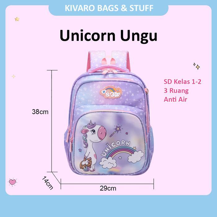Tas Anak SD Mermaid Unicorn Pegasus Kelas 1-2 Warna Ungu & Pink Ukuran Tas Ransel 38cm | 0880 Kivaro