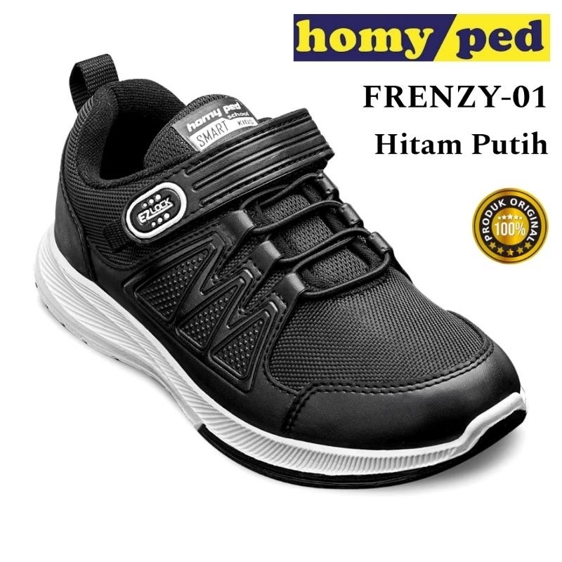 KIKKI SHOP Homyped Sepatu Anak Sekolah Cowok Cewek Hitam Putih Perekat Tali Kekinian Size 29 sd 38