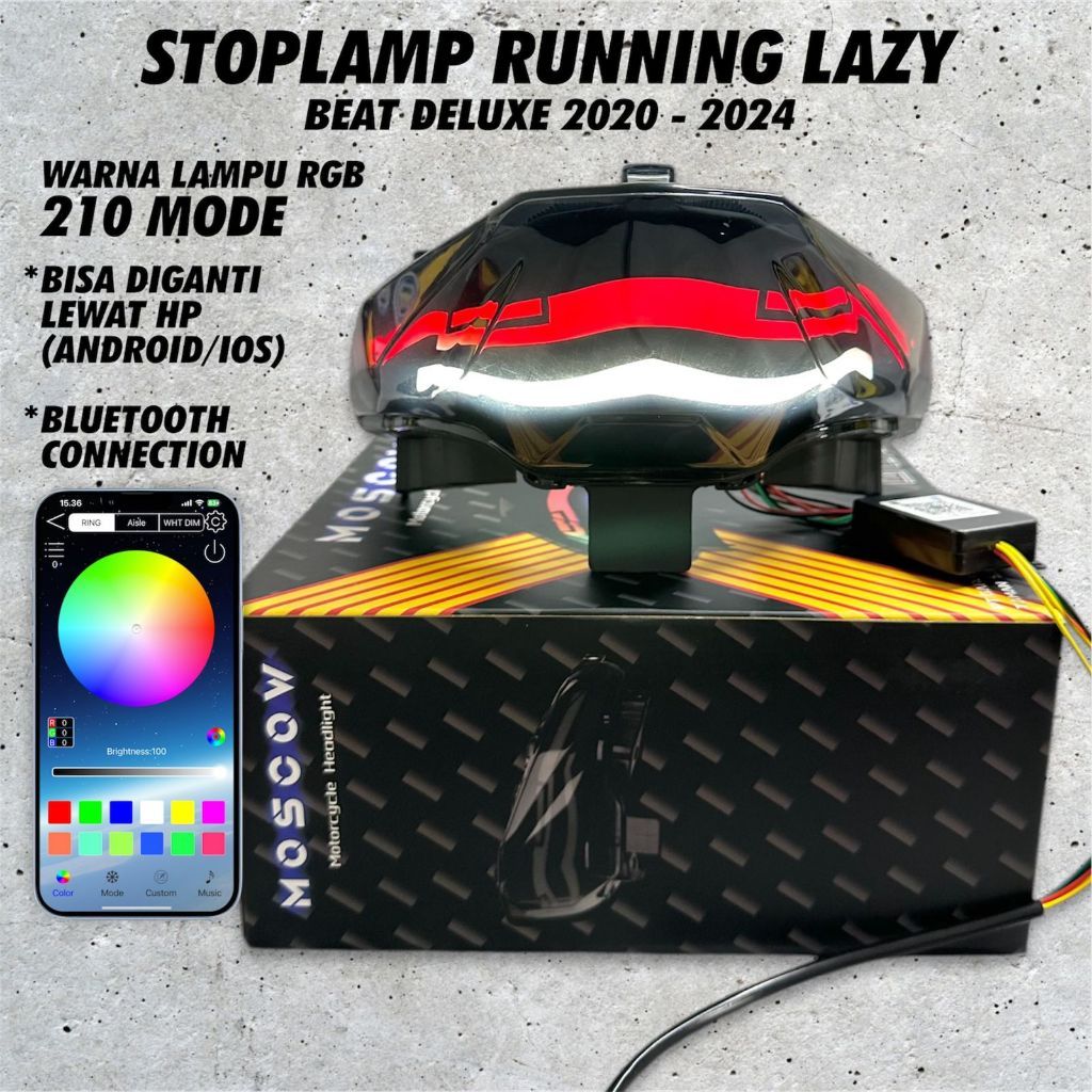 LAMPU STOP / STOPLAMP BELAKANG BEAT LAZY RGB CONNECT APLIKASI HP ANDROID / IOS FULL COLOUR 210 MODE 