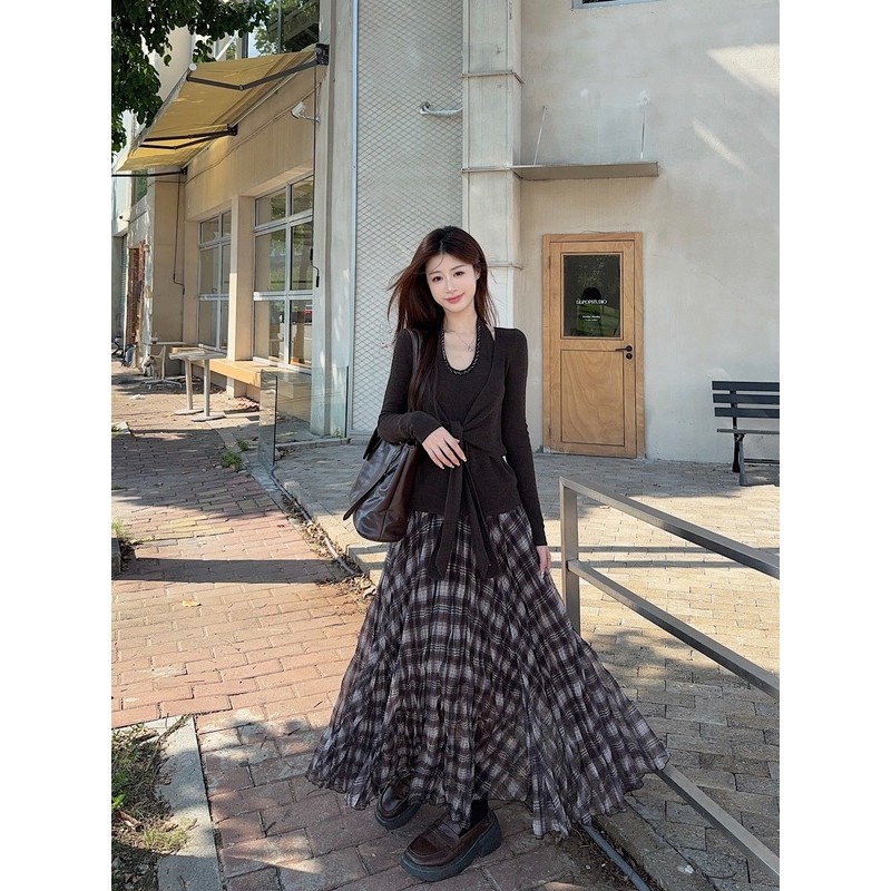 ChubChic COD Rok Jala Kotak-kotak Retro, Rok Panjang, Rok Lipit Ramping Dengan Tirai Baru