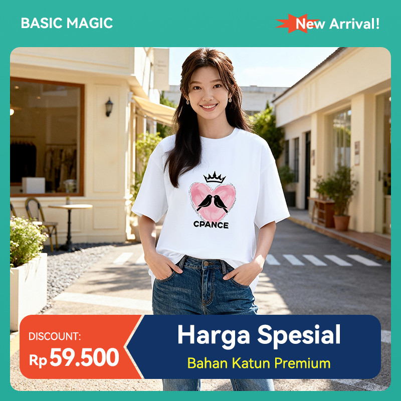 Kaos hitam longgar dengan desain hati merah muda, merpati, dan mahkota   0400