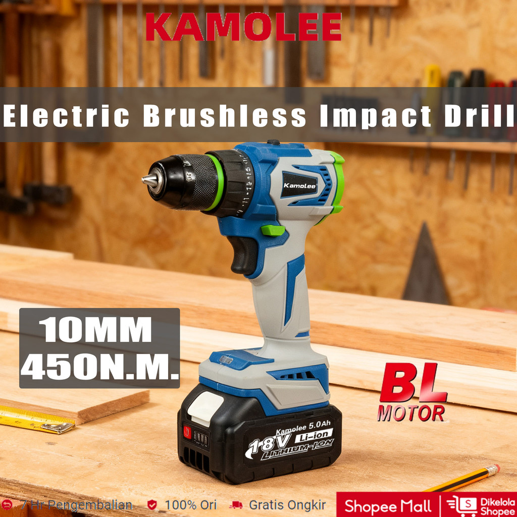 Kamolee Set Bor Listrik Tembak Rumah Tangga Serbaguna Tanpa Sikat 10mm/450N.M Kecepatan Tinggi (Komp
