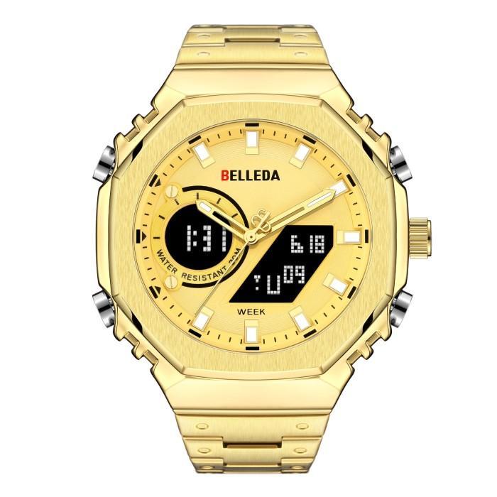 Jam Tangan Belleda 9950 ORIGINAL Dual time digital analog mewah rantai stainless steel anti karat an