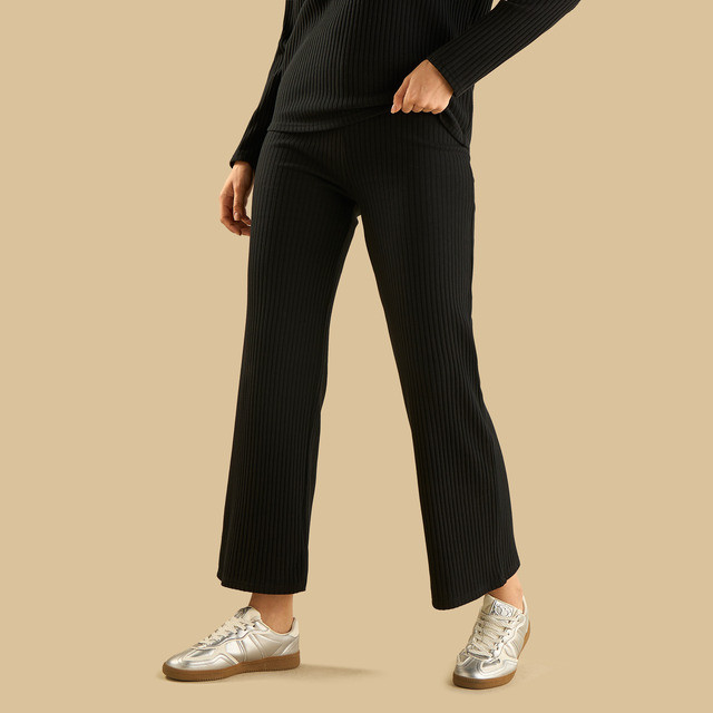 Max Fashions Celana Wanita Ribbed Wide Leg Pants Black