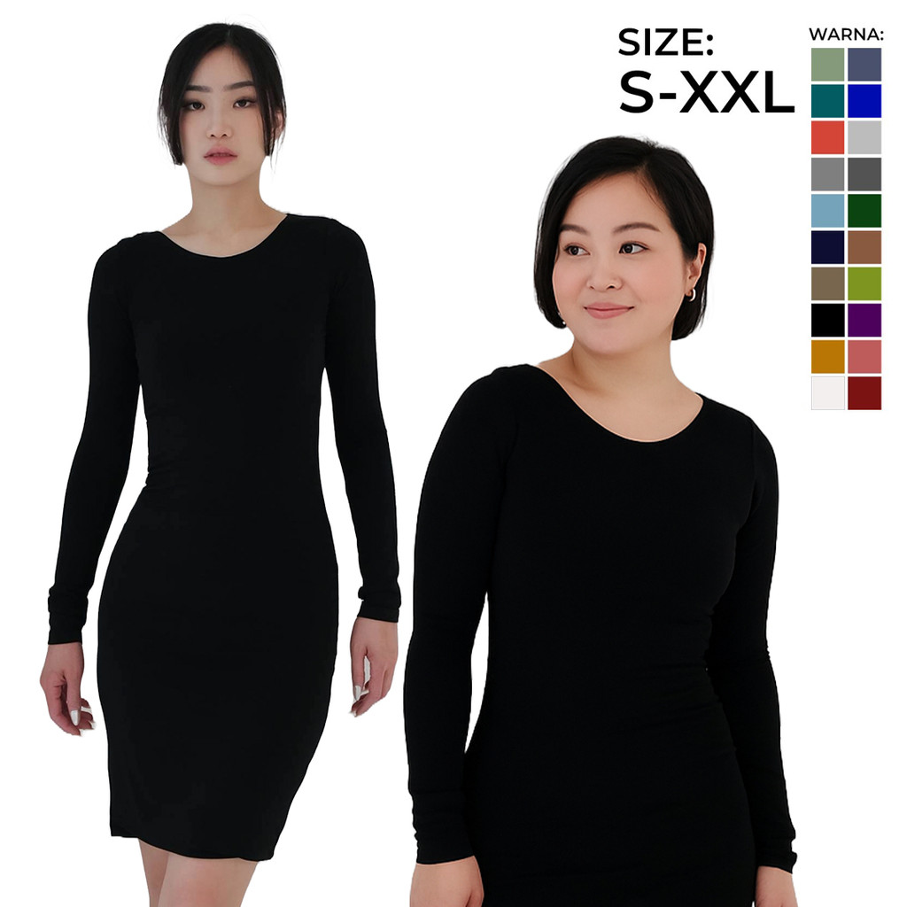 BIG SIZE DRESS Akasia | Mini Dress  Wanita Lengan Panjang - Bodycon Polos Slim Fit Elegan | Ukuran S