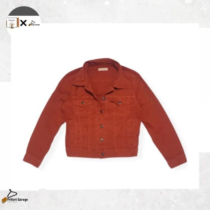 Raw Denim Jeans Trucker Jacket Crop Browny Red Bricks Color "Vintage"