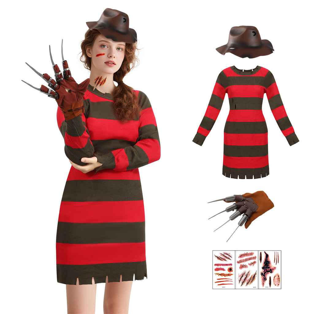4Pcs Freddy Krueger Costume Women Halloween Nightmare Killer Knitted Dress Hat Gloves Scar Stickers 