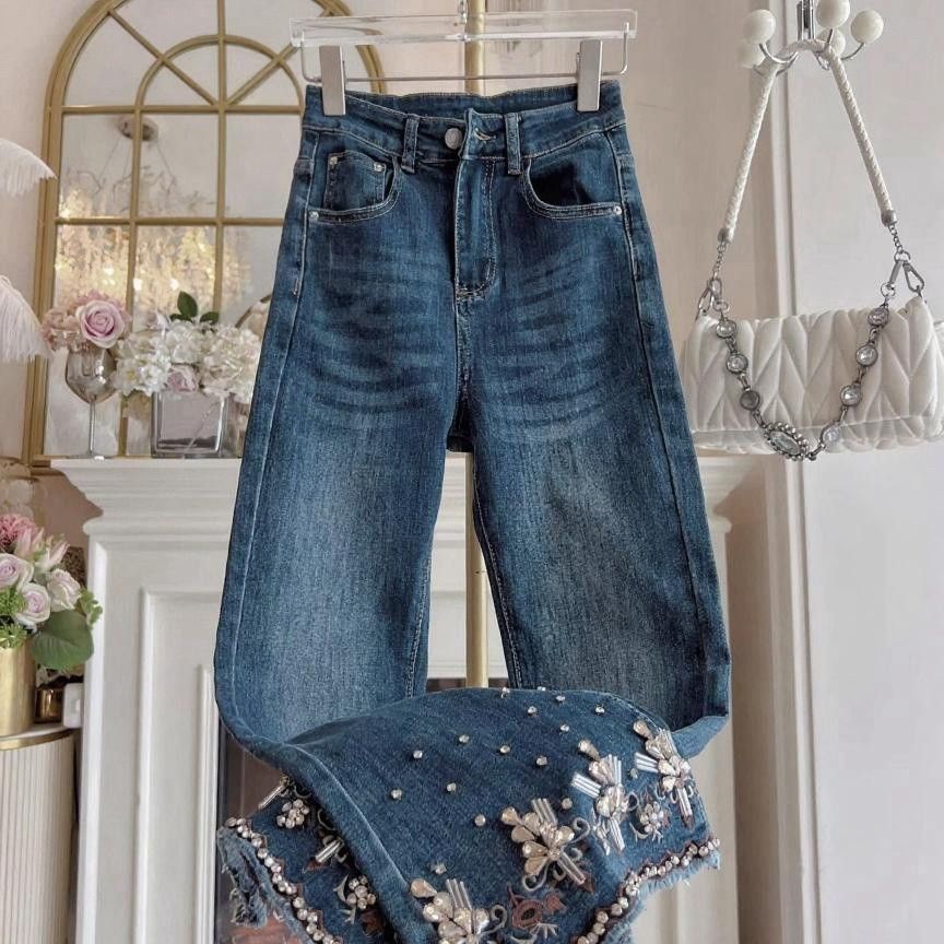 Celana jeans bersulam berlian, wanita pinggang tinggi, pelangsing retro, celana jeans bersulam mikro
