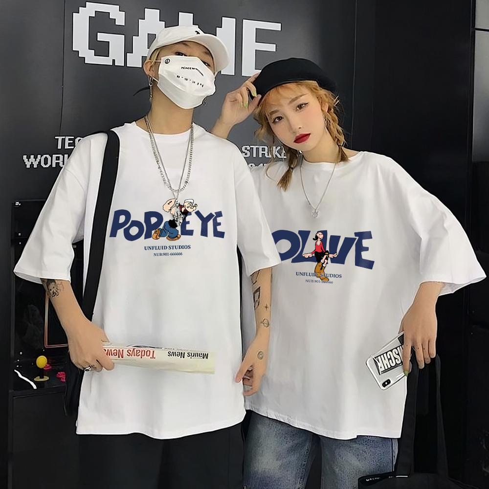 Kaos Couple Lengan Pendek Oversize Distro Premium | Motif Popeye and Olive | Bahan Cotton