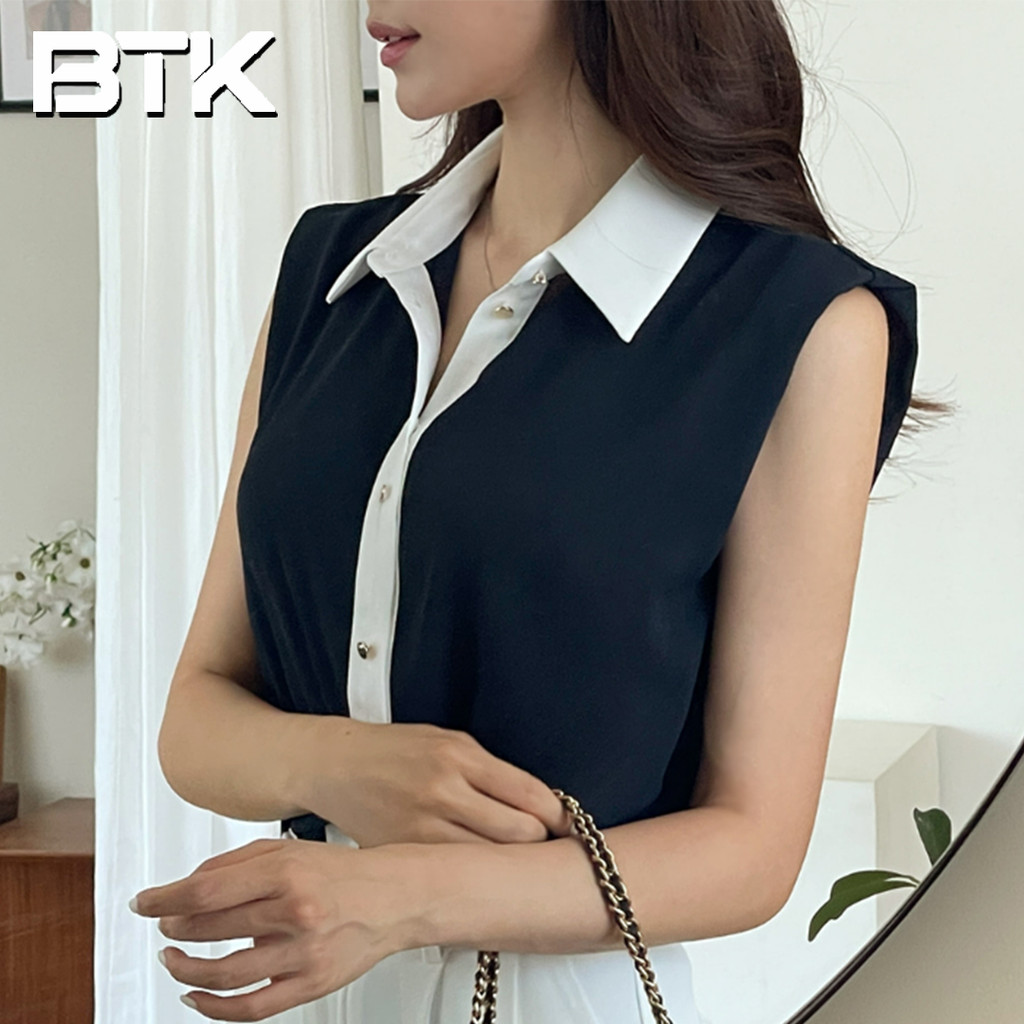 BUTIK Blus Sleeveless Wanita Gaya Korea Kombinasi Warna Navy Putih Kancing Depan Kerah Formal Elegan