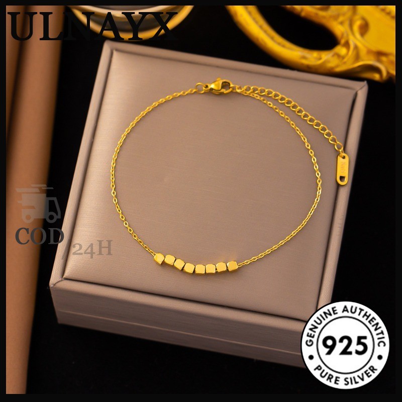 8 Gelang Kaki Wanita Rantai Tipis Berlapis Emas Titanium Persegi Kecil