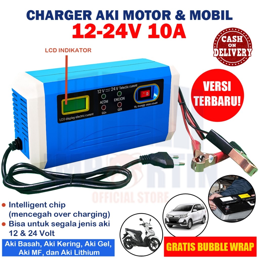NGGESINGSHOP Charger Aki Mobil Motor 12V-24V 10A/ Charger Aki Portable 12V-24V 10A Mobil dan Motor L
