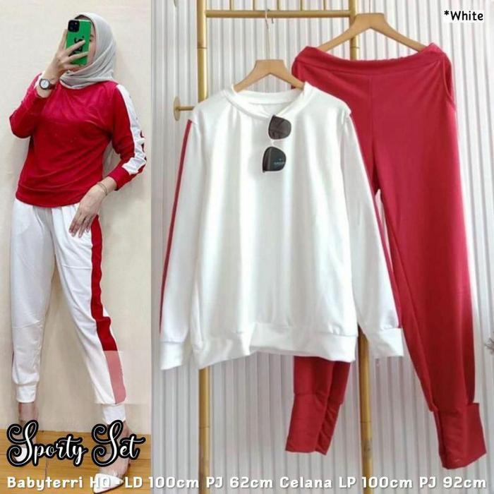 Vinelly Set Sporty Merah Putih Setelan Olahraga Wanita Set Jumbo Baju Sport Kekinian COD - Putih, M