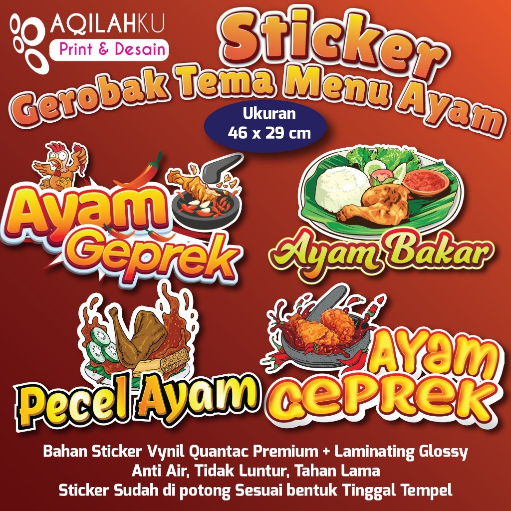 Sticker Kaca Gerobak / Etalase Ayam Geprek | Ayam bakar | Ayam Goreng | Pecel Ayam | Ukuran 46x29 cm