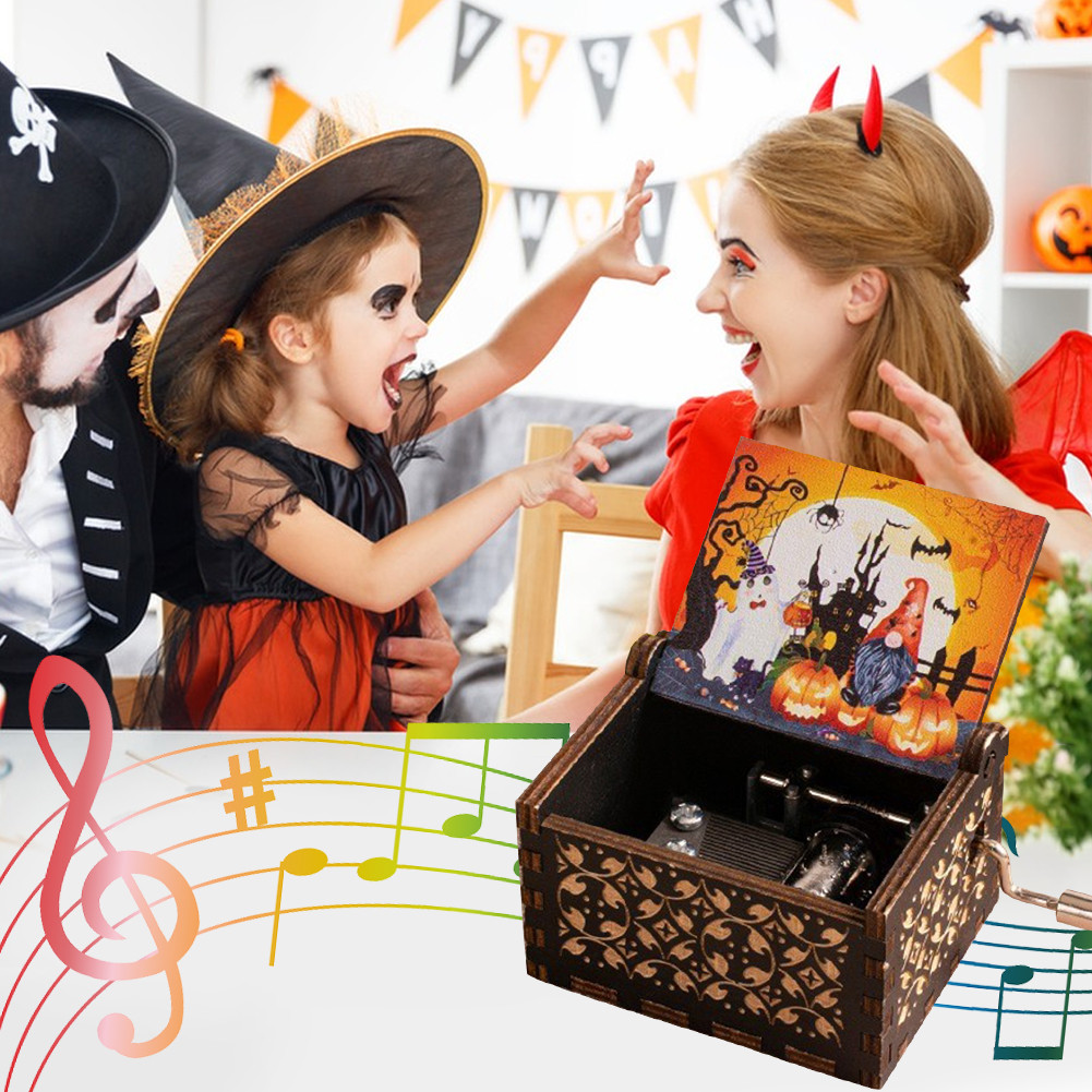 Halloween Wooden Antique Engraved Musical Box Fright Night Musical Box Engraving Nightmare Musical B