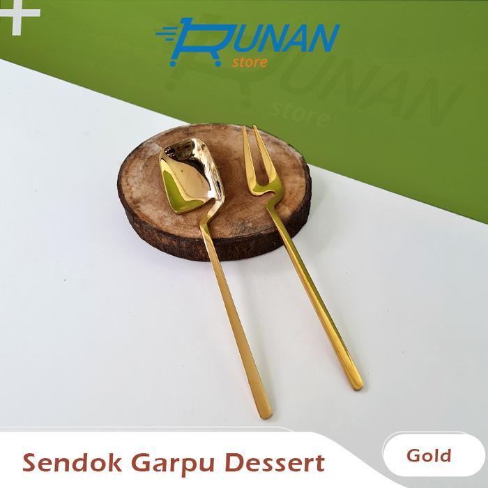 Dessert Spoon Fork Gold - Sendok Garpu Set Stainless Emas Sendok Unik - Warna
