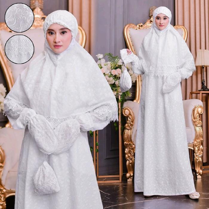 Gamis Ihrom Wanita Umroh Haji Satu Set Komplit Marwa – Katun Paris Bordir Pakai Furing ( Bergo Sarun