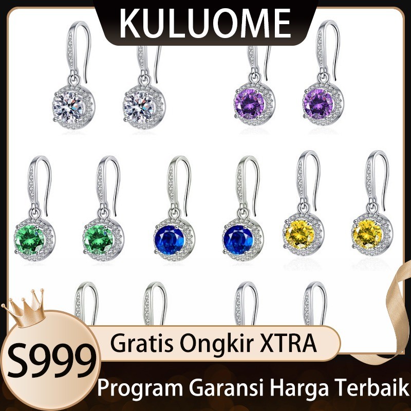 KULUOME Anting Moissanite Multi-warna Pengait Telinga Moissanite Anting Bulat Moissanite Empat Cakar