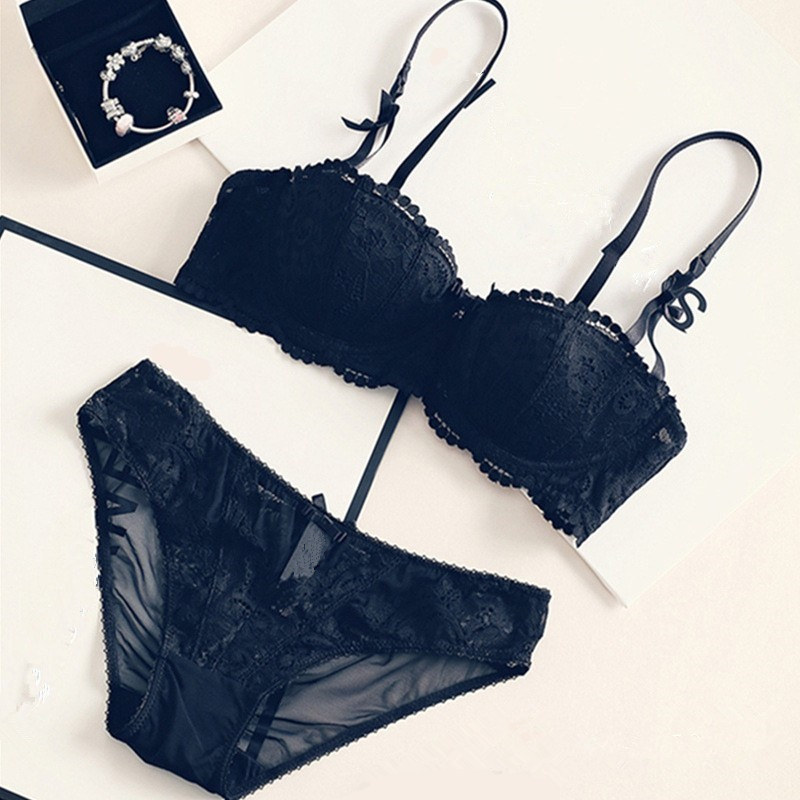 [Miss Lace]Set bra wanita, renda hitam bordir, bra setengah cup push-up untuk payudara kecil