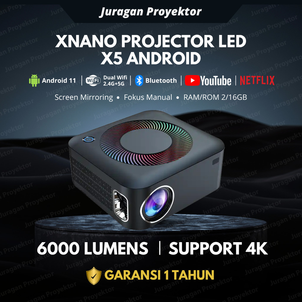 Smart Projector LED Xnano X5 Android Wifi 6000 Lumens | Proyektor Screen Mirroring Full HD 1080P 4K 