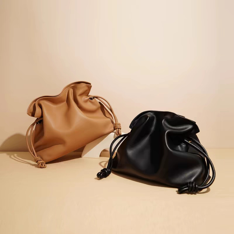 Brand Luxury Drawstring Long Shoulder Bag Crossbody Pleated Design Cowhide Lucky Bag Female Fashion 
