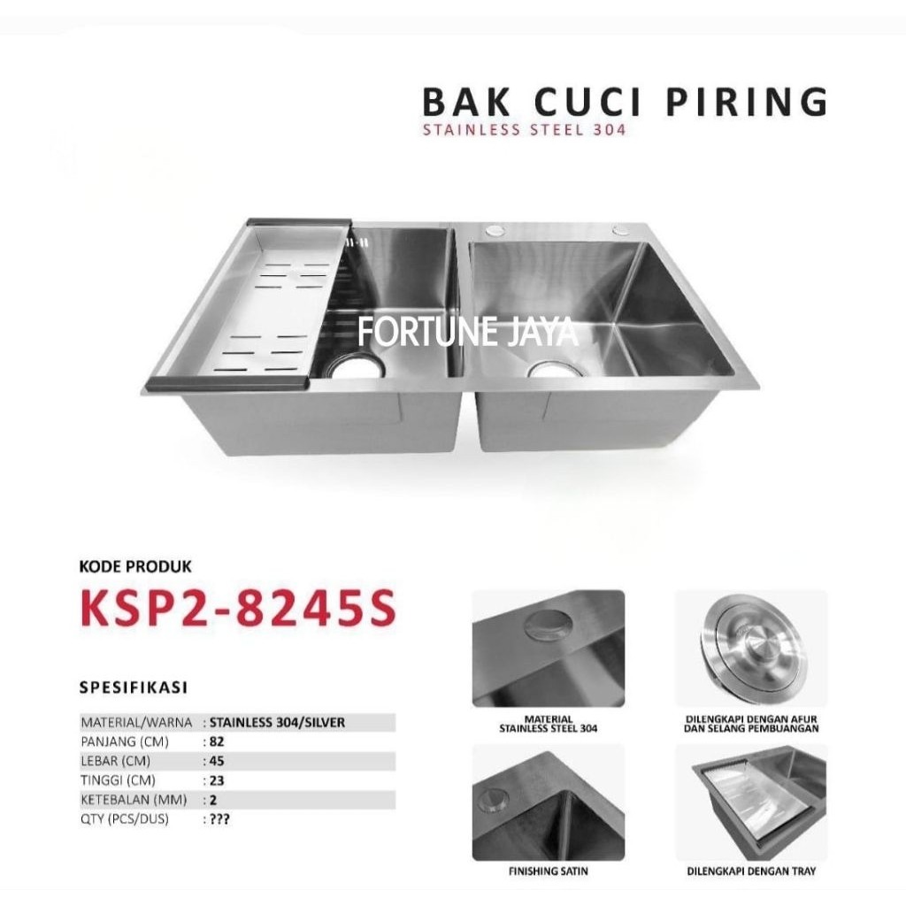 KITCHEN SINK SET 2 LUBANG BAK CUCI PIRING STAINLESS SATIN SILVER 2 LUBANG 8245 /  BAK CUCI PIRING SE