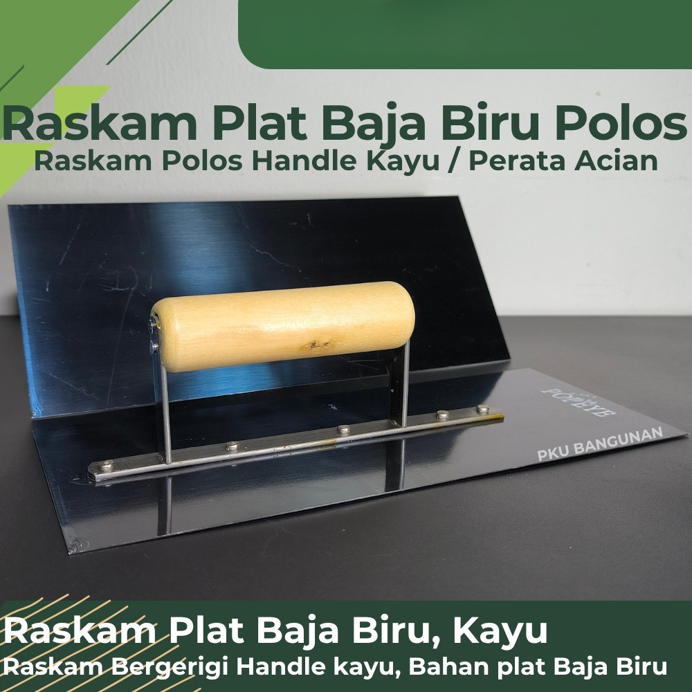 Raskam Plat Baja Biru / Roskam Plat Baja biru Gagang Kayu / Alat Plester acian Perata semen Tembok