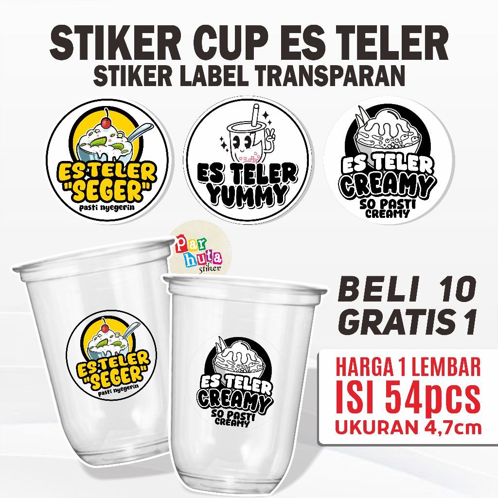 CETAK STIKER ES TELER | CETAK STIKER TRANSPARAN ES TELER | STIKER CUP ES TELER