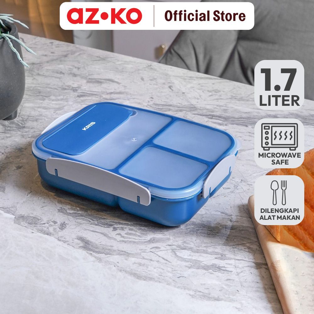 AZKO Kris 1.7 ltr Kotak Makan 3 Sekat Dengan Sendok & Garpu - Biru Lunch Box Food Grade Food Box Den