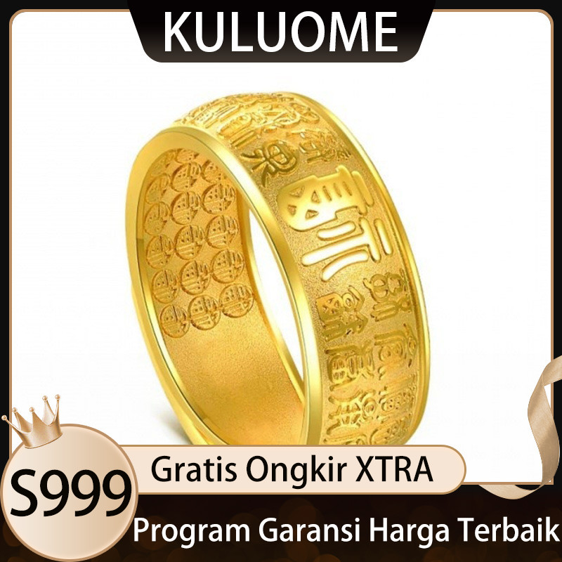 KULUOME Cincin Emas Terbuka Seratus Berkah Cincin Vietnam Karakter Berkah Pasir Emas Adjustable S999
