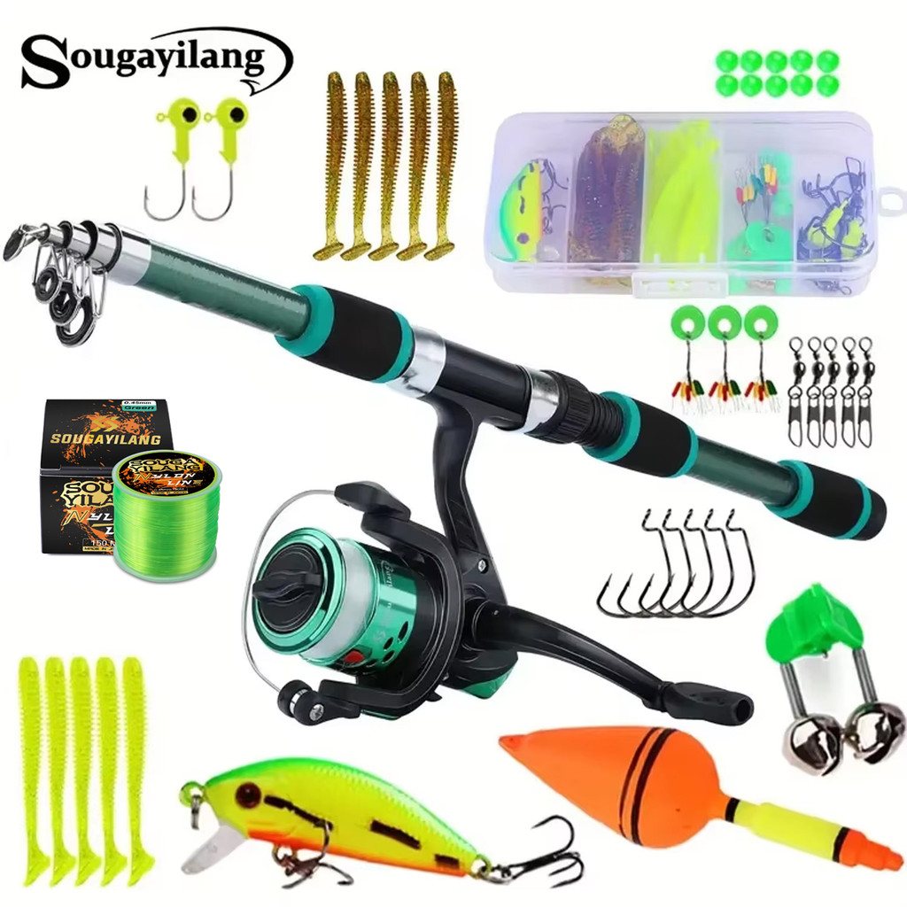 Sougayilang Spinning Fishing Pole Set 1.8M Portable Telescopic Rod with 5.2:1 3BB Fishing Reel Max D