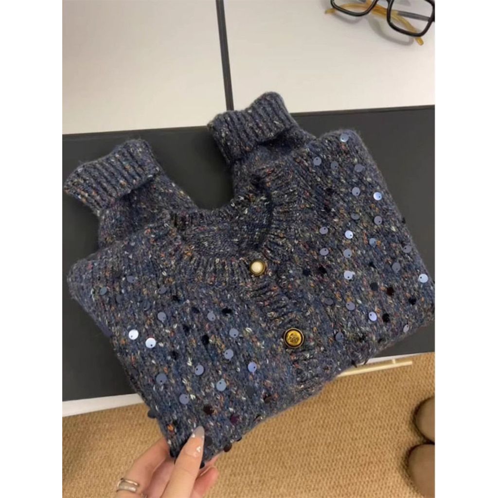 Xiaofang biru sequin kemeja rajutan sweater mantel pakaian wanita luar mantel