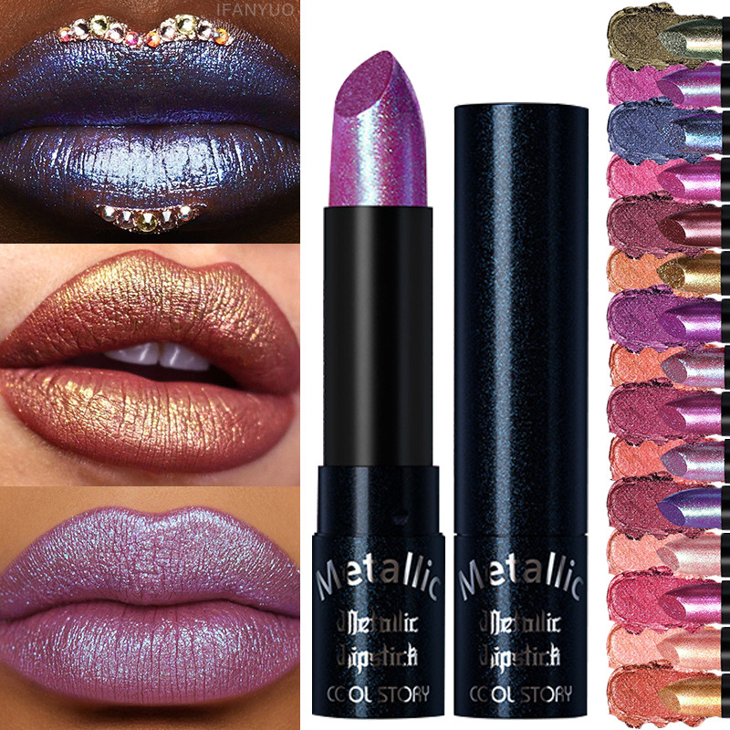 Lipstik Bunglon Ungu Metalik 15 Warna Lipstik Tahan Air Tahan Lama Mutiara Berkilau Berlian Lipstik 