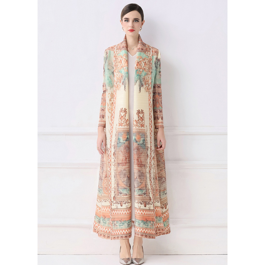 202511v Dress cetakan ukuran besar berlipat, gaun longgar musim gugur awal