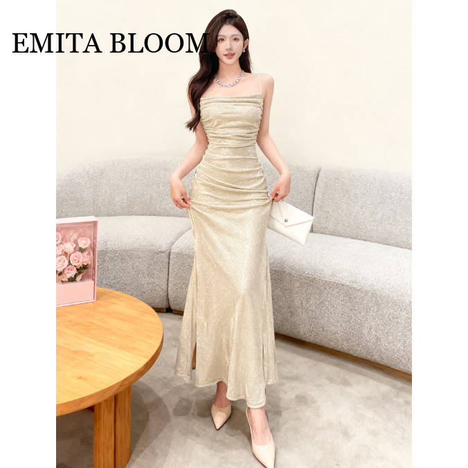 NEW EMITA BLOOM baju gaun pesta mewah elegan dress gold korea inner dress tanpa lengan wanita