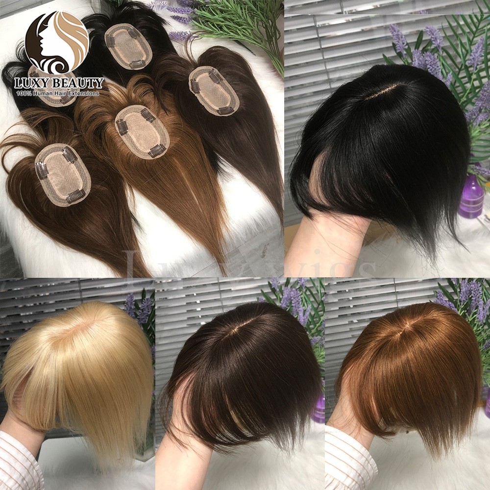 8x12cm Human Hair Topper With Bangs Women Natural Black Brown Human Hair Topper Skin Scalp Clip in T