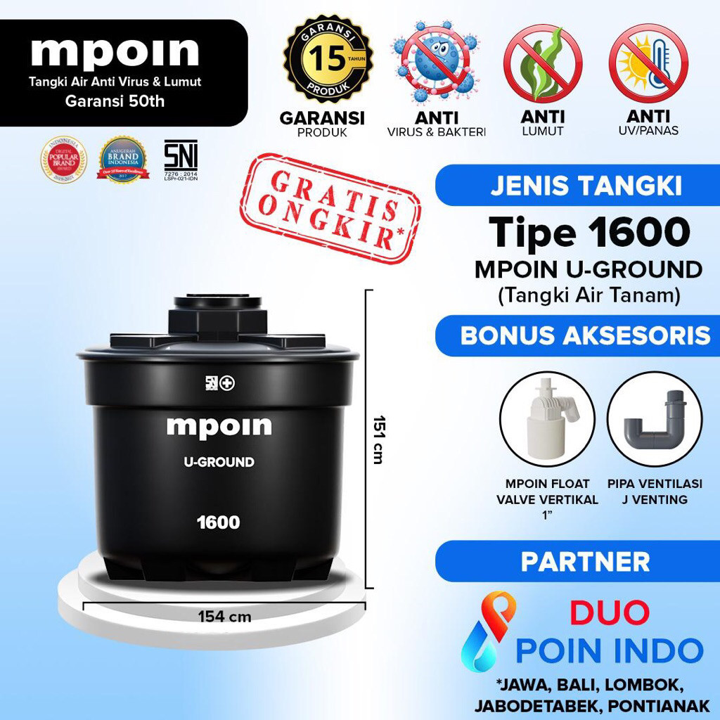 TANDON TOREN AIR MPOIN PLUS U-GROUND TANGKI TANAM 1600 L Garansi 15 Tahun