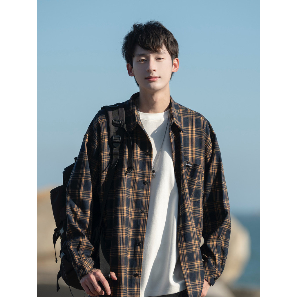 Kemeja Kotak-Kotak Pria Lengan Panjang Tipis Jaket Kemeja Gaya Pria