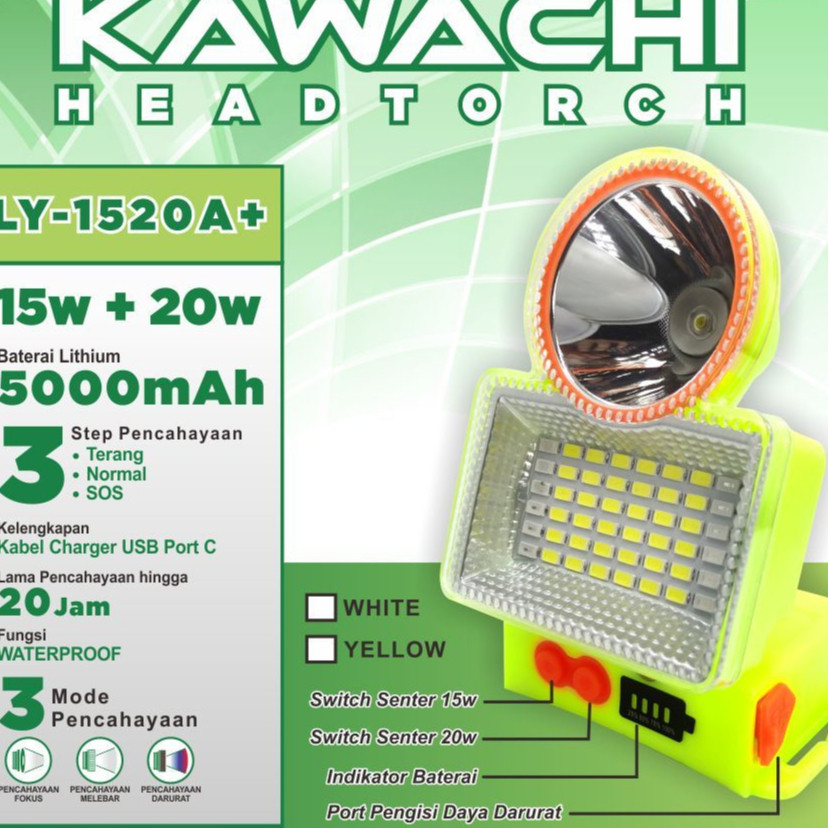 Kawachi Senter Kepala Waterproof 15WATT + 20WATT 5.000mAH Kabel Charger USB Port C LY-1520A+ Putih