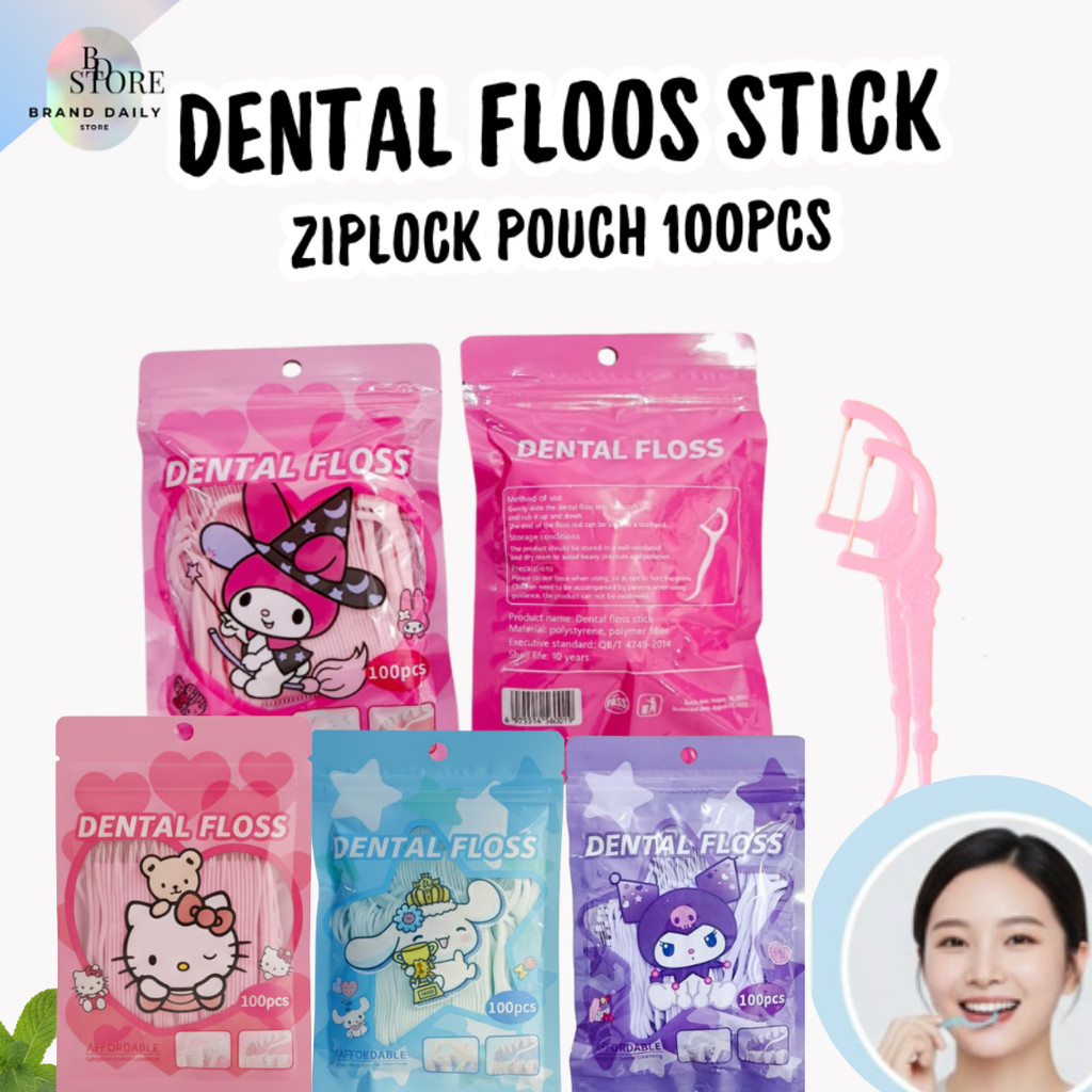 Dental Floss Isi 100 Pcs Benang Tusuk Gigi Stick Pouch Sanrio Benang Pembersih Selah Gigi Higienis