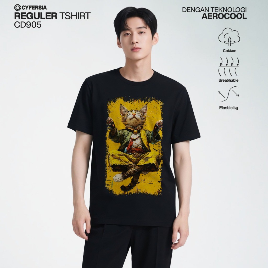 COD Cyfersia T-Shirt Motif Cat Meditation Kaos Pria Wanita Baju Distro Katun Combed CD905