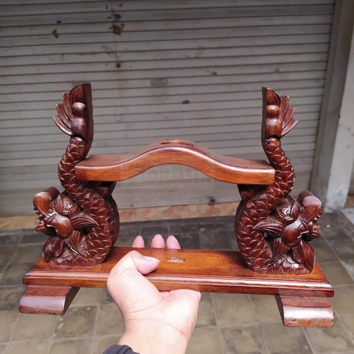 Jagrak tempat keris patrem kayu jati Isi 1 keris ukuran kecil Ukiran naga EA3423