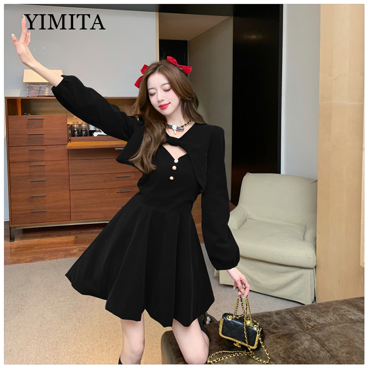 YIMITA dress hitam wanita press body kekinian korean long sleeve christmas party dress natal terbaru