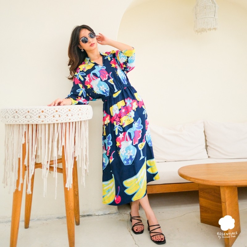 Cotton Tree Essentials – Serene Dress – Long Semi-Shirt Dress Wanita Motif Premium Look Summer Holid