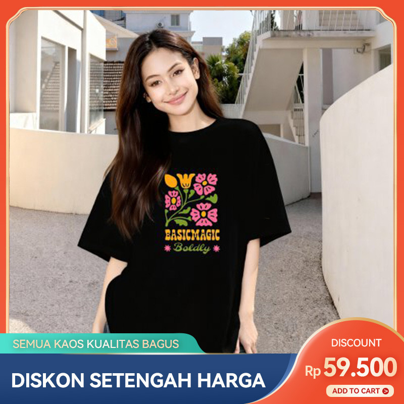 Kaos Longgar Hitam dengan Cetak Bunga  kain katun adem
kain katun polos premium  0386