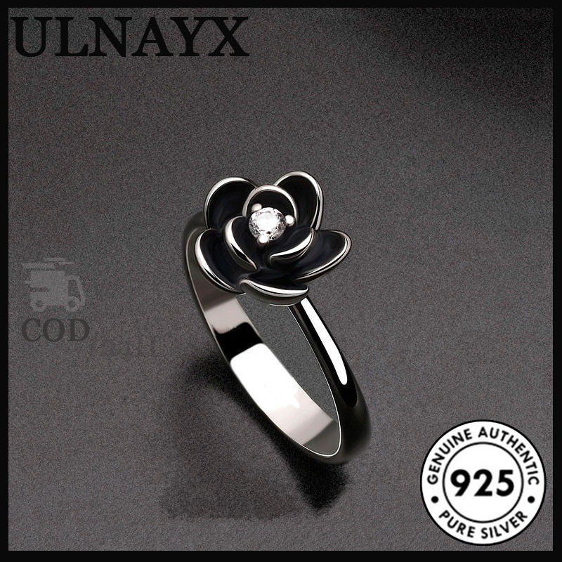 Cincin Pertunangan Bunga Fashion Vintage Perak Thailand Mawar Hitam