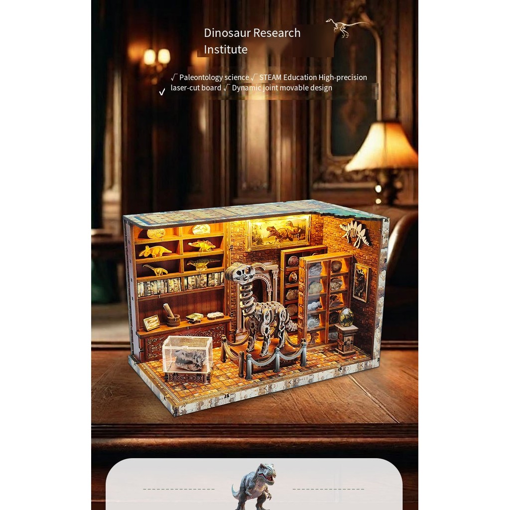 Dinosaur Research Institute DIY Wooden Book Nook - 3D Puzzle Miniature Scene House, Creative Toy for